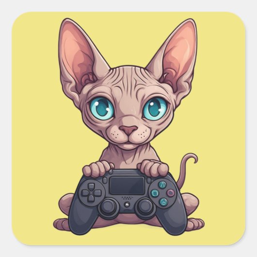 Sphynx Cat Holding Game Controller スクエアシール (正面)