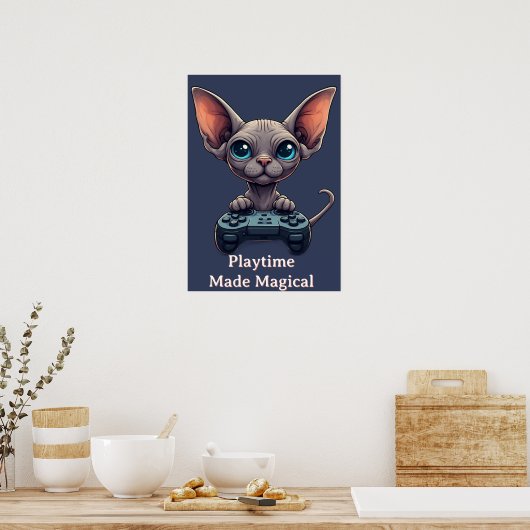 Sphynx Cat Holding Game Controller ポスター (キッチン)