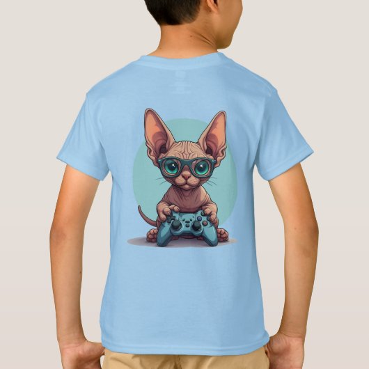 Sphynx Cat Holding Game Controller Tシャツ (裏面)
