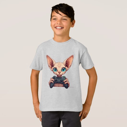 Sphynx Cat Holding Game Controller Tシャツ (正面フル)