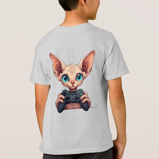 Sphynx Cat Holding Game Controller Tシャツ (裏面)