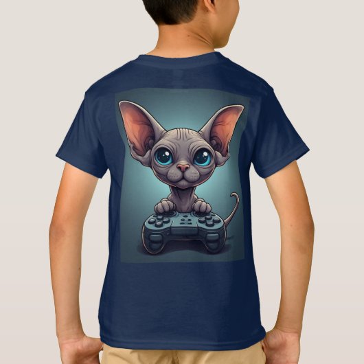 Sphynx Cat Holding Game Controller Tシャツ (裏面)
