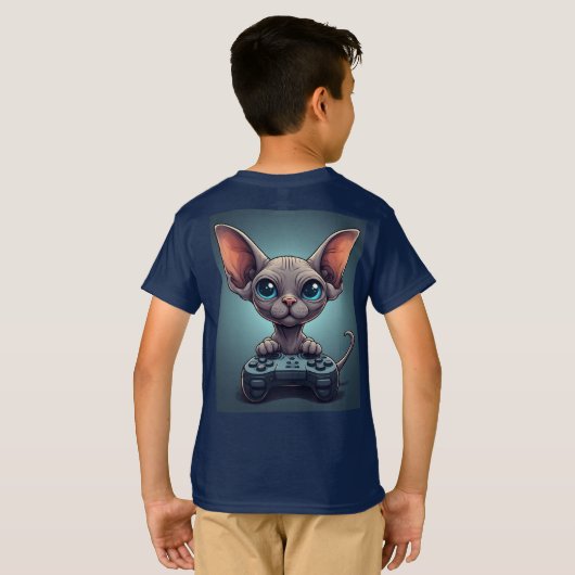 Sphynx Cat Holding Game Controller Tシャツ (裏面フル)