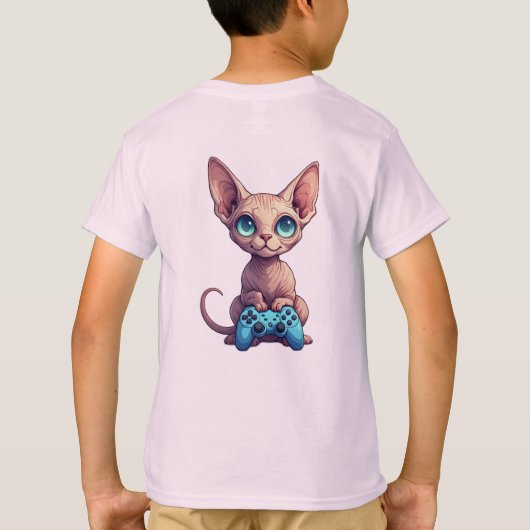 Sphynx Cat Holding Game Controller Tシャツ (裏面)