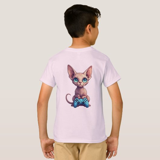 Sphynx Cat Holding Game Controller Tシャツ (裏面フル)