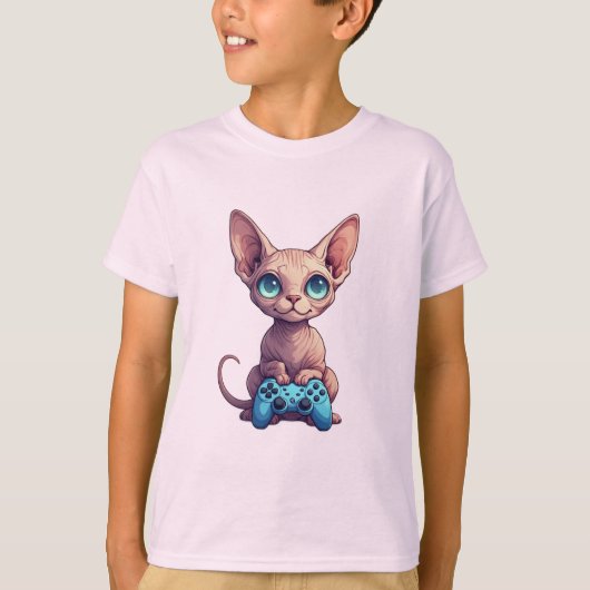 Sphynx Cat Holding Game Controller Tシャツ (正面)