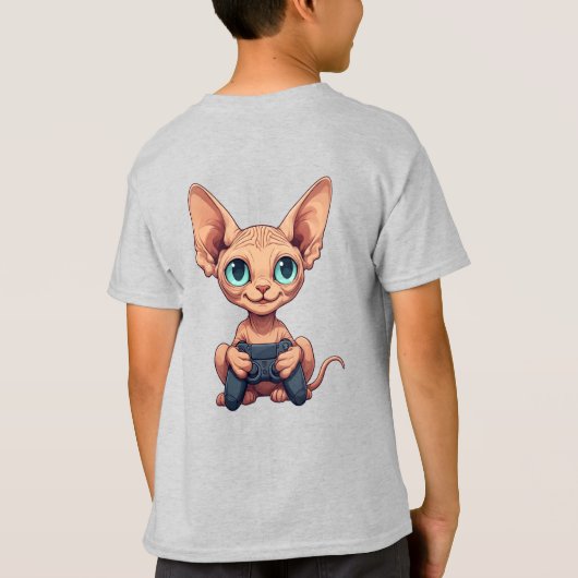 Sphynx Cat Holding Game Controller Tシャツ (裏面)