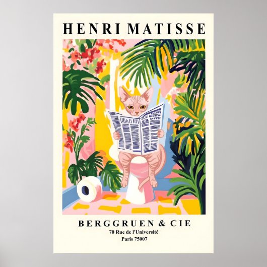 Sphynx Cat on Toilet Wall Art Funny Matisse Style ポスター (正面)