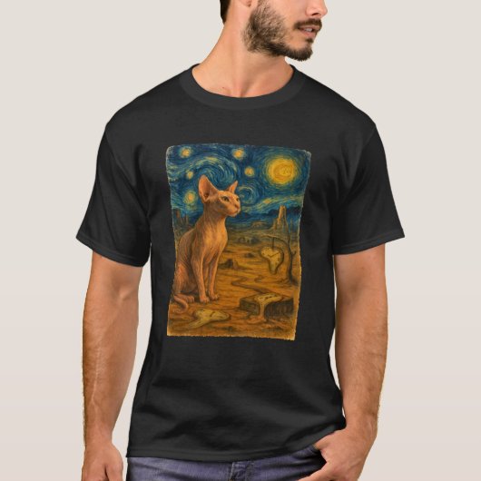 Sphynx Cat Starry Night Art Impressionism Surreali Tシャツ (正面)