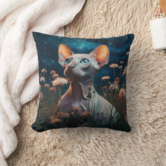 Sphynx Cat & Vibrant Flowers – Whimsical Art クッション (ブランケット)