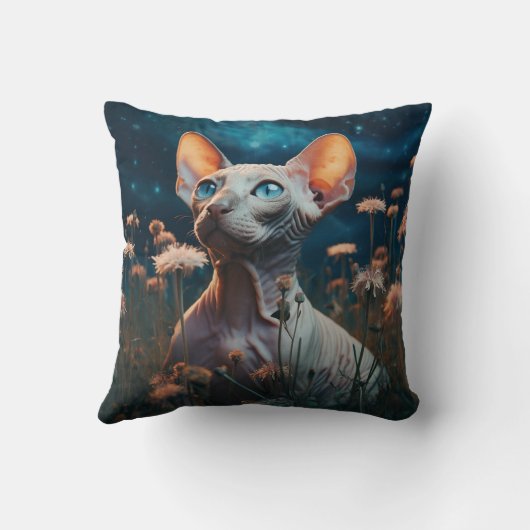 Sphynx Cat & Vibrant Flowers – Whimsical Art クッション (裏面)