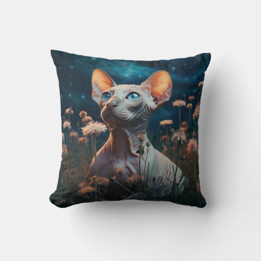 Sphynx Cat & Vibrant Flowers – Whimsical Art クッション (正面)