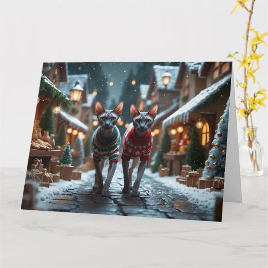 Sphynx Cats Christmas Snow Holiday カード (黄色い花)