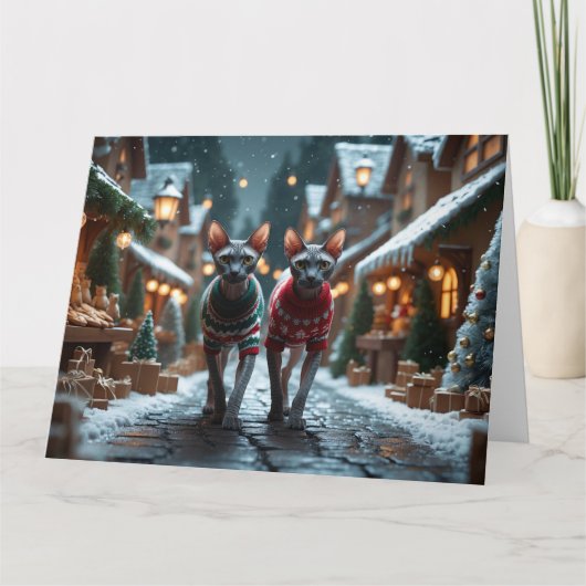 Sphynx Cats Christmas Snow Holiday カード (正面)