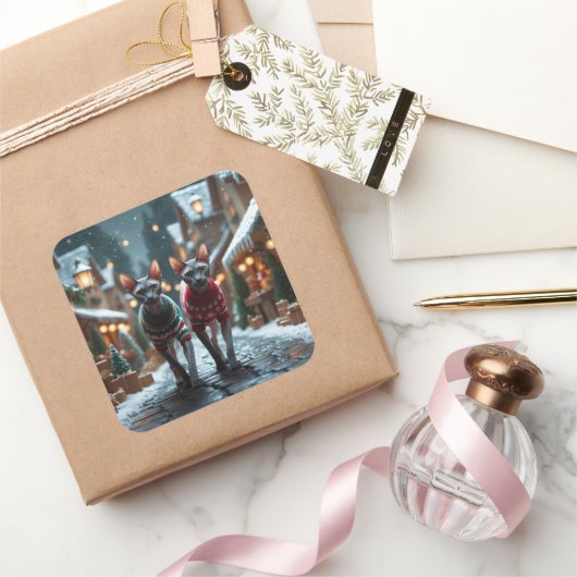 Sphynx Cats Christmas Snow Holiday スクエアシール (ギフト)