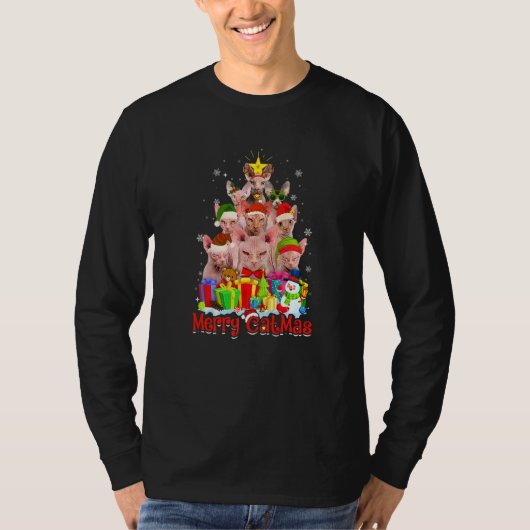 Sphynx Cats Santa Hat Merry Catmas Cat Tシャツ (正面)