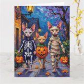 Sphynx Cats Trick-or-Treating in Halloween Costume カード (黄色い花)