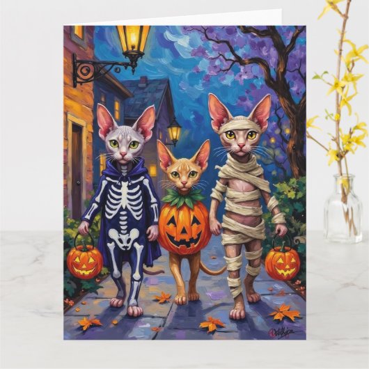 Sphynx Cats Trick-or-Treating in Halloween Costume カード (黄色い花)