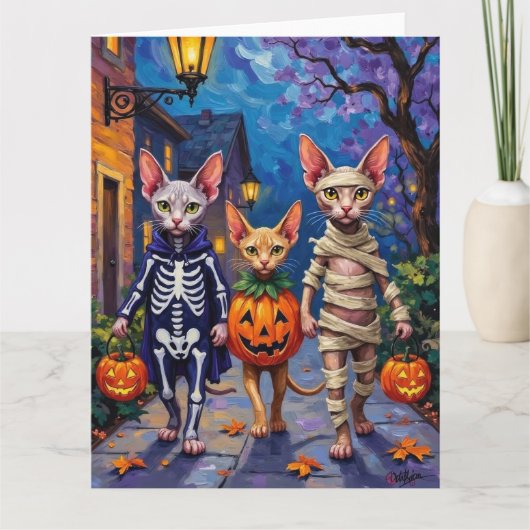 Sphynx Cats Trick-or-Treating in Halloween Costume カード (正面)