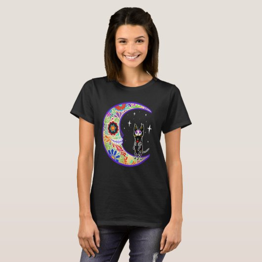 Sphynx Dia de Los Muertos Skeleton Sugar Skull Tシャツ (正面フル)