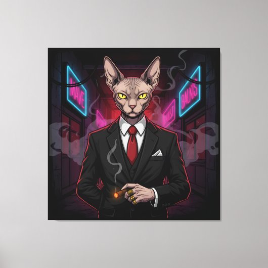 Sphynx Mafia Cat in Neon Noir Style キャンバスプリント (正面)