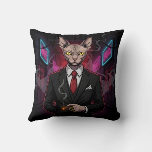 Sphynx Mafia Cat in Neon Noir Style クッション (裏面)