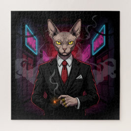 Sphynx Mafia Cat in Neon Noir Style ジグソーパズル