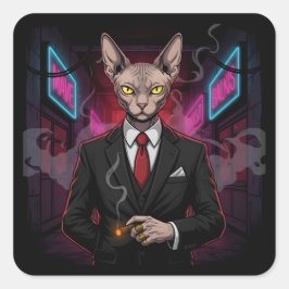 Sphynx Mafia Cat in Neon Noir Style スクエアシール