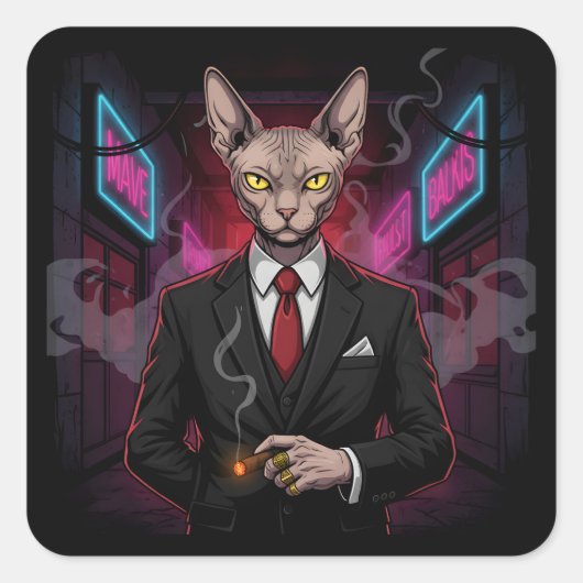 Sphynx Mafia Cat in Neon Noir Style スクエアシール (正面)