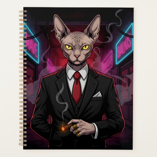 Sphynx Mafia Cat in Neon Noir Style プランナー手帳 (正面)