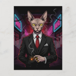 Sphynx Mafia Cat in Neon Noir Style ポストカード