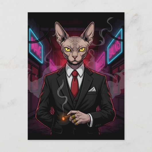 Sphynx Mafia Cat in Neon Noir Style ポストカード (正面)