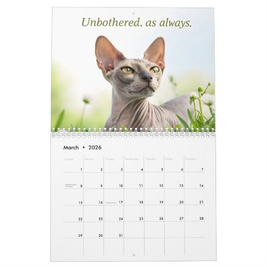 Sphynx Speaks: Editable Monthly Cat Humor Art カレンダー (3月 2026)
