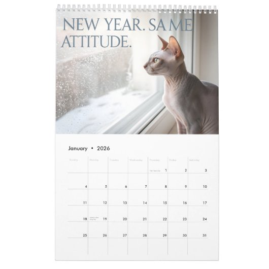Sphynx Speaks: Editable Monthly Cat Humor Art カレンダー (1月 2026)