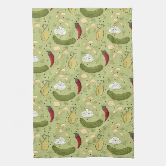 Spicy dill pickle Potato chip design キッチンタオル (縦)