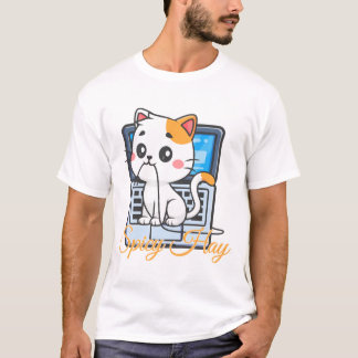 Spicy Hay Funny Cat Biting Cord Kawaii Art Tシャツ