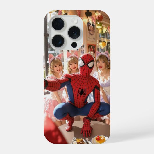 Spider-man takes a selfie with cute japanese maids iPhoneケース (裏面)