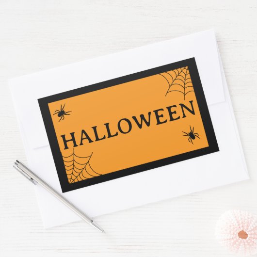 Spider Web Black Orange Halloween Word 長方形シール (封筒)