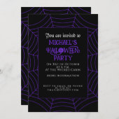 Spider web black purple white Halloween party 招待状 (正面/裏面)