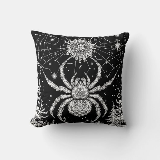 Spinne mit Mandala im Netz unterm Sternenhimmel クッション (正面)