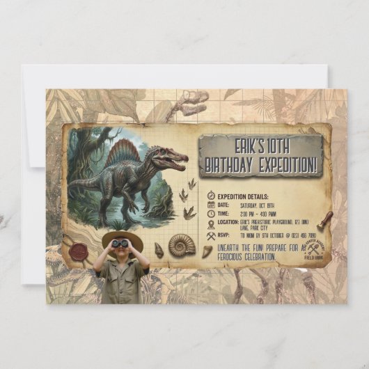 Spinosaurus Dino Expedition Birthday Adventure 招待状 (正面)