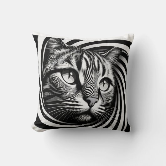 Spiral Cat Face Cushion – Hypnotic Feline Optical  クッション (正面)