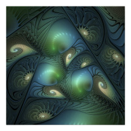 Spirals Beige Green Turquoise Abstract Fractal Art ポスター
