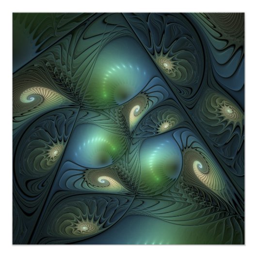 Spirals Beige Green Turquoise Abstract Fractal Art ポスター (正面)