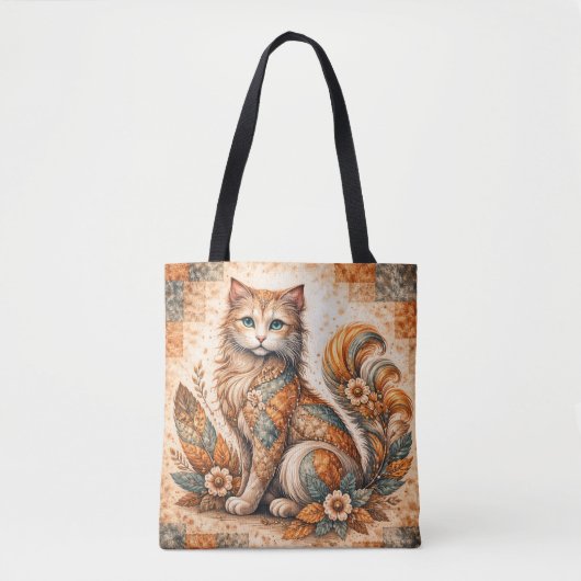 Spirit Cat, Boho Patchwork Rustic Folk Art トートバッグ (正面)