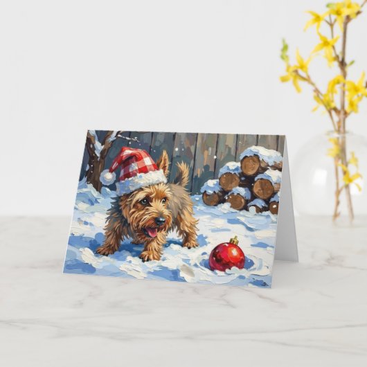 Spirited Cairn Terrier Dog Digging for Christmas T カード (黄色い花)