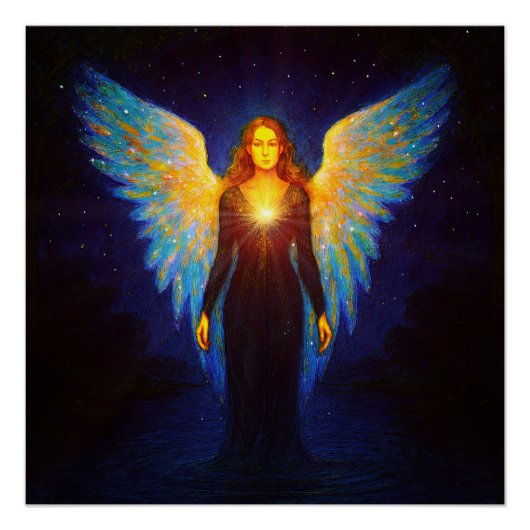 Spirituell Leuchtender Engel bei Nacht am See ポスター (正面)