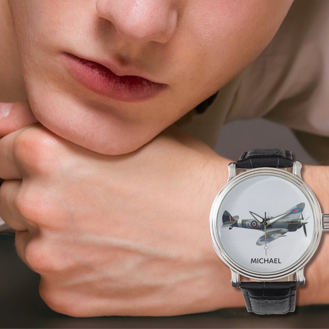 Spitfire Airplane Photo Cool Custom Pilot Name  腕時計 (クリエイターアップロード済み)