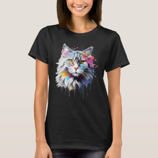 Splash Art Siberian Cat Face Colorful Tシャツ