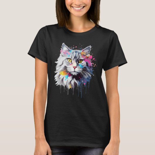 Splash Art Siberian Cat Face Colorful Tシャツ (正面)